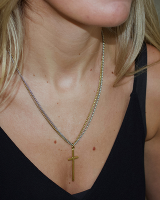 Elle Double Chain Cross Necklace with two fine mixed gold and silver chains and a slim gold cross pendant