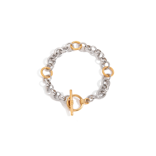 Elle Two-Tone Link bracelet with polished silver and gold-toned chain links and a prominent toggle clasp