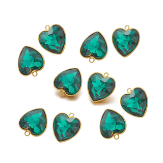 Emerald Green Heart Charm with faceted teal-green heart stones, gold-tone metal edging and small attachment loops