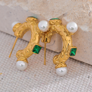 Emerald Pearl Hoop Earrings in textured gold with white pearl studs and square emerald green stones