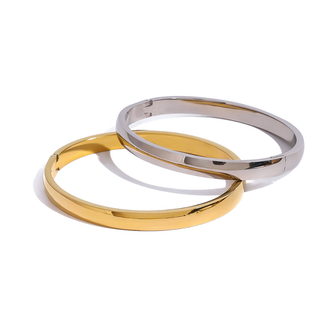 Engravable Hinged Bangle set with two smooth, polished metal bands in gold and silver tones with sleek rounded profiles