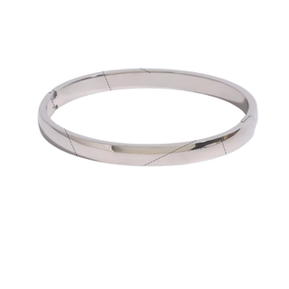 Engravable Hinged Bangle in polished silver-tone metal, with a smooth rounded profile and discreet hinge closure