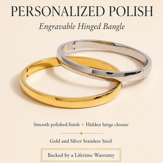 Two gold and silver bangles on a beige background with promotional text.