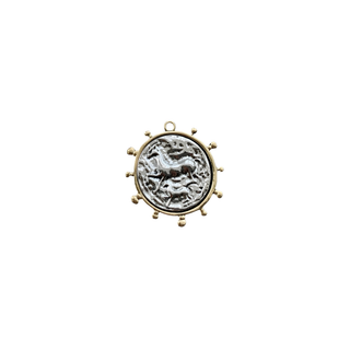 Equestrian Coin Charm with a silver-toned horse relief coin, gold-plated brass rim, and small gold bead accents