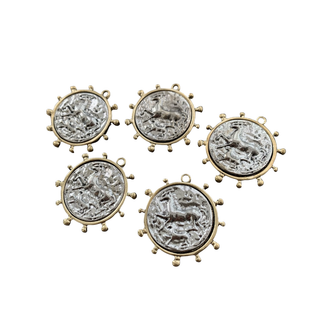 Equestrian Coin Charm in silver-tone textured coin design with a gold-tone rim and small decorative studs around the edge