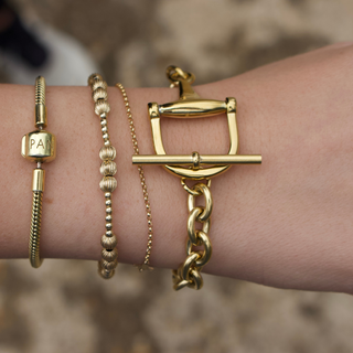 Equestrian Horse Bit toggle bracelet in polished gold-tone metal, featuring a bold snaffle bit centerpiece and chunky links