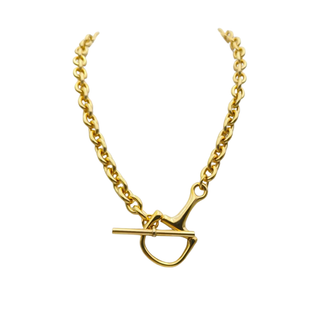 Equestrian Horse Bit necklace in polished gold-tone metal with a chunky chain and distinctive front toggle clasp