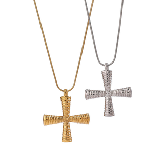 Etched Long Cross Necklace in gold and silver tones, featuring textured ribbed cross pendants on slim chains