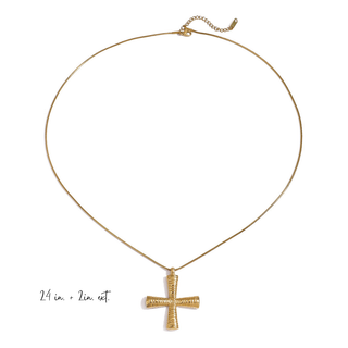 Etched Long Cross Necklace in gold-tone metal with a slim chain and textured cross pendant with ridged detailing