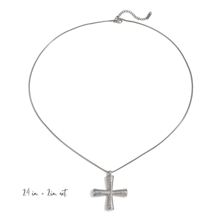 Etched Long Cross Necklace in silver-tone metal, featuring a textured dimensional cross pendant and sleek chain