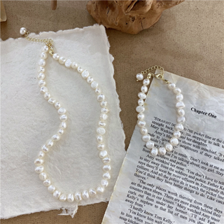 Faux Pearl Bracelet 18k Gold Non Tarnish, white irregular faux pearls with a delicate gold-tone chain clasp and extender