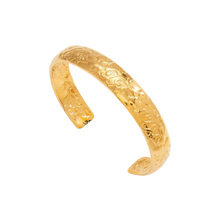 Flora Floral Cuff Bracelet in gold-tone metal with raised embossed floral scrollwork and an open adjustable design.