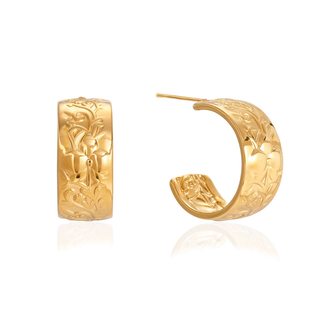 Flora Floral Hoop Earrings in gold-tone metal with embossed floral patterns and a wide, rounded hoop design