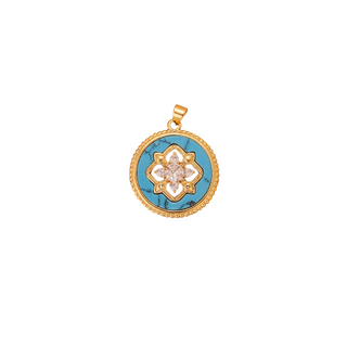 Floral Medallion Charm in gold-tone metal with a turquoise blue round inset and raised white floral center