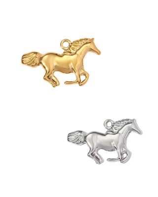 Freedom Horse Charm in polished gold and silver finishes, featuring a detailed running horse with sculpted mane and tail