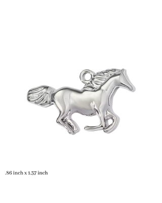 Freedom Horse Charm in polished silver-tone metal, shaped as a running horse with sculpted mane, tail and hanging loop