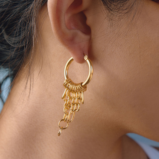 Fringe Chain Hoop Earrings in polished gold-tone metal with a large hoop and clustered cascading chain fringe