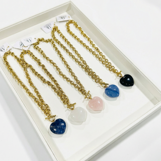 Gemstone Heart Toggle Necklace with gold-tone chunky chains, toggle clasps and heart pendants in assorted polished stones