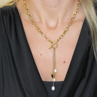 Pearl Heart Tassel Toggle Necklace 18K Gold-Plated Non-Tarnish