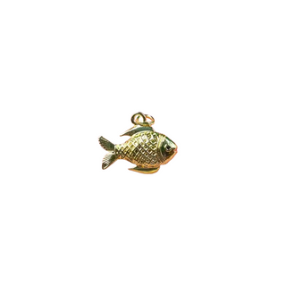 Golden Fin Fish Charm in gold-tone metal with a raised diamond-patterned body, detailed fins, and hanging loop