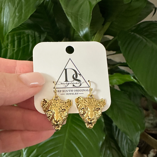 Golden Tiger Earrings with two textured gold-tone tiger head dangles and delicate hook wires