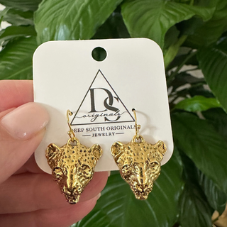 Golden Tiger Earrings with two textured gold-tone tiger head dangles and slim hook wires