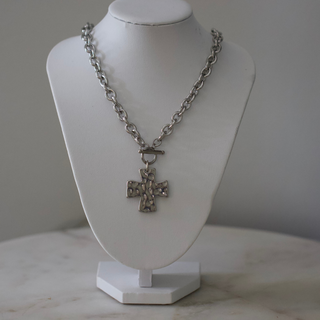 Hammered Cross Toggle necklace in silver-tone metal with a chunky chain and textured cross pendant