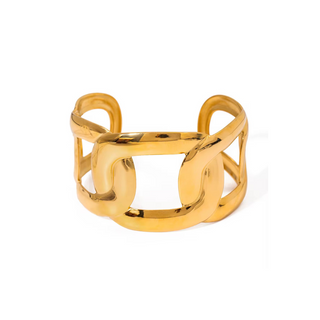 Harbor Link Gold Cuff Bracelet in polished gold-tone metal, with oversized open chain links and a wide cuff design