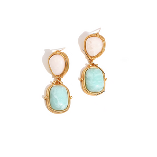 Harbor Mist Gemstone Drops with pale aqua and milky pink stones in gold-tone settings, paired as double-drop earrings