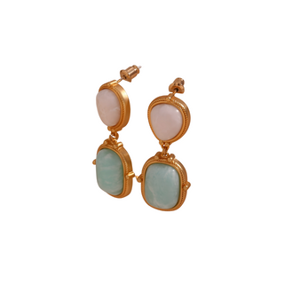 Harbor Mist Gemstone Drops featuring gold-tone metal settings with pale pink and seafoam green stones in a double-drop design