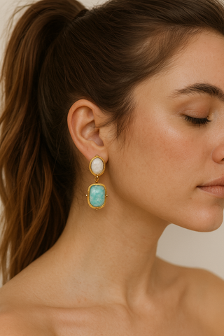 Harbor Mist Gemstone Drops in gold-tone settings, featuring a white oval stone above a turquoise rectangular stone