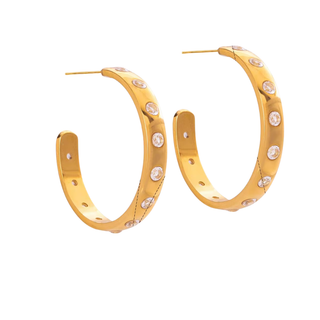 Harlow Crystal Hoop Earrings in polished gold-tone metal, with clear round stones set along open hoop bands