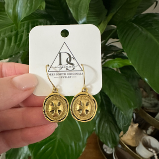 Heritage Cross Earrings in antique gold-tone metal, with round dangles featuring raised cross-shaped cutouts and wire hooks