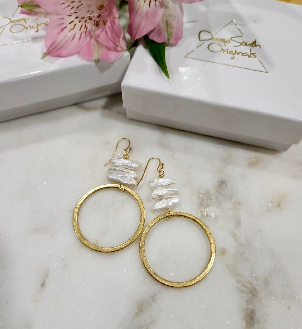 Pearl and Gold Circle Earrings in a Stacked Design - Deep South Originals