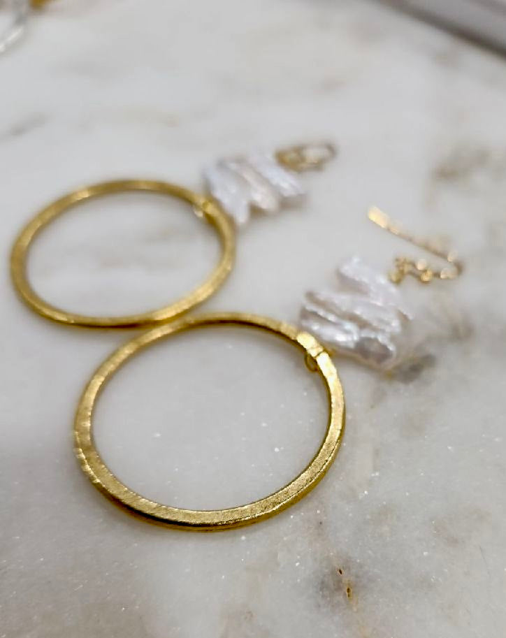 Pearl and Gold Circle Earrings in a Stacked Design - Deep South Originals