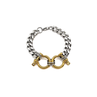 Interlock Two Tone Chain Bracelet with chunky silver links and gold interlocking clasps in a mixed-metal design.