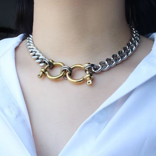 Interlock Two Tone Chain Necklace in silver and gold metal with chunky interlocking links and central curved clasps