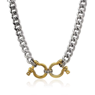 Interlock Two Tone Chain Necklace with silver curb links and gold interlocking clasp accents in a bold mixed-metal design