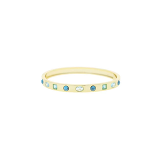 Jewel gemstone bangle in gold-tone metal with alternating blue and pale green round, oval, and square stones