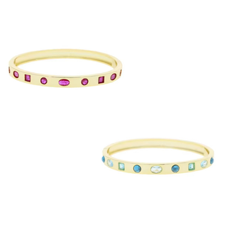 Jewel gemstone bangle in gold-tone metal, with mixed round, oval and square accents in pink or blue-green hues