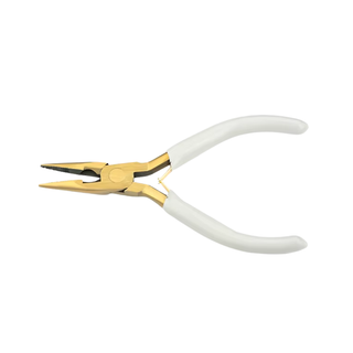 Jewelry Pliers with gold-toned metal jaws and smooth white handles, featuring long tapered gripping tips
