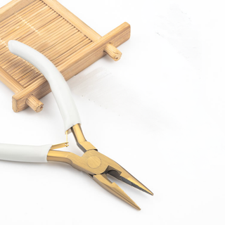 Jewelry Pliers with white curved handles and gold-tone metal jaws, featuring long tapered tips and a pivot joint