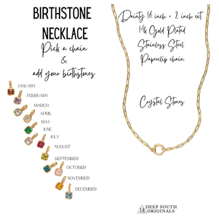 Kendall Birthstone Necklace with a delicate gold-tone stainless steel paperclip chain and round charm clasp.