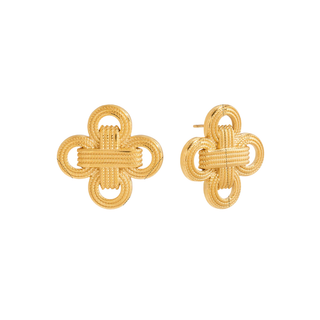 Laurel Knot Earrings in gold-tone metal, featuring sculptural interwoven loops and a textured central bar