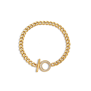 Lily Link Toggle Bracelet in gold-tone metal with chunky chain links and a circular clasp accented by clear stones