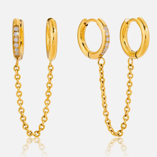 Linked Huggie Hoop Earrings in polished gold-tone metal, featuring one smooth hoop, one crystal-set hoop and a fine chain