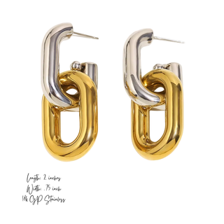 Linked Luxe Earrings in polished gold and silver-tone stainless steel, featuring bold interlocking chain links and a two-tone finish.