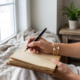 Woman writing in a journal wearing a freshwater pearl and 18k gold-plated beaded stretch bracelet.
