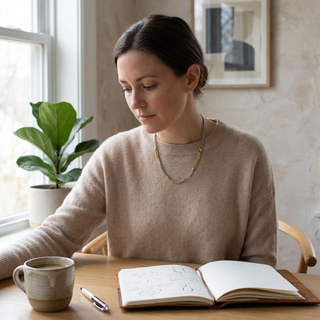 Woman wearing Emerson Two-Tone Necklace, mixed metal stainless steel. Coffee and notebook on table.