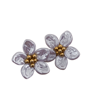 Marigold Flower Earrings with translucent lavender-gray resin petals, five-petal blooms, and gold beaded centers